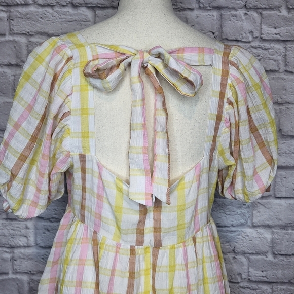 Mable Dress Babydoll White Pastel Plaid Square Neck Puff Sleeves Tie Back Size M - Picture 6 of 9